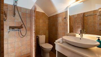 A bathroom with a shower, toilet, sink, and mirror.