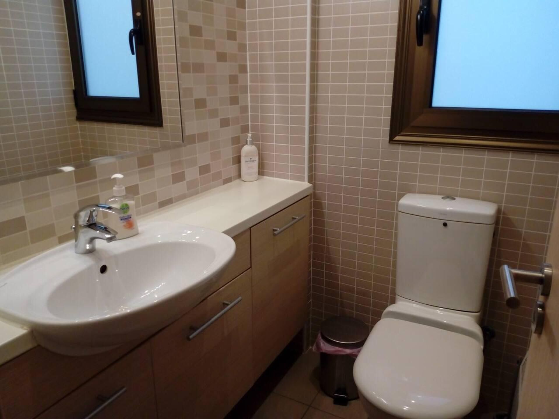 A bathroom with a sink, mirror, toilet, and trash bin.