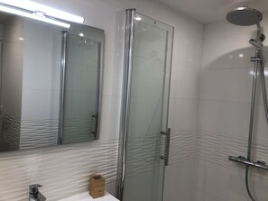 Regadera, secadora de cabello, toallas, papel de baño