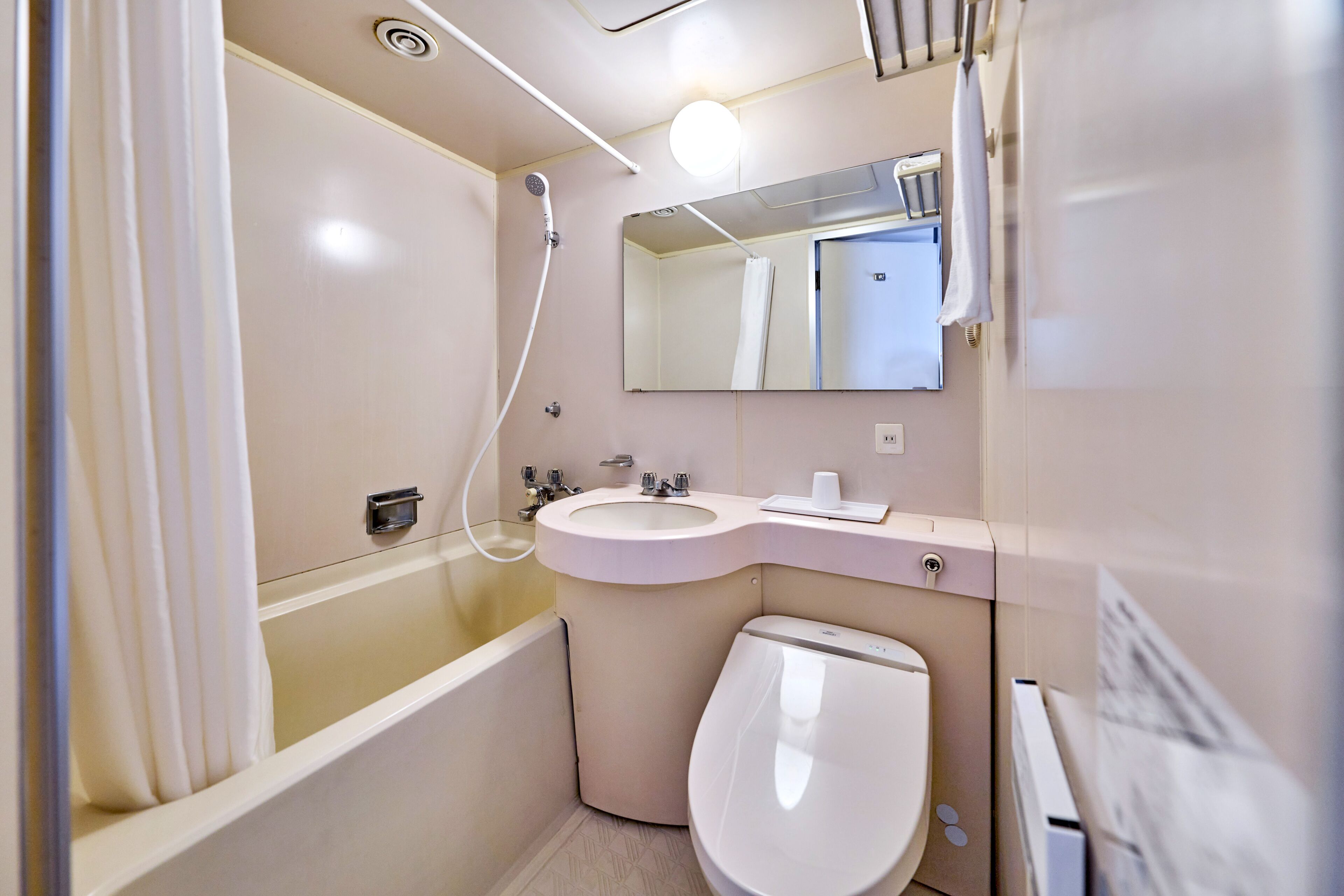 Combined shower/bathtub, hair dryer, slippers, electronic bidet