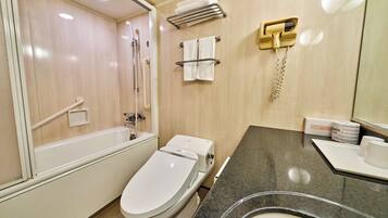 Combined shower/tub, hair dryer, slippers, electronic bidet