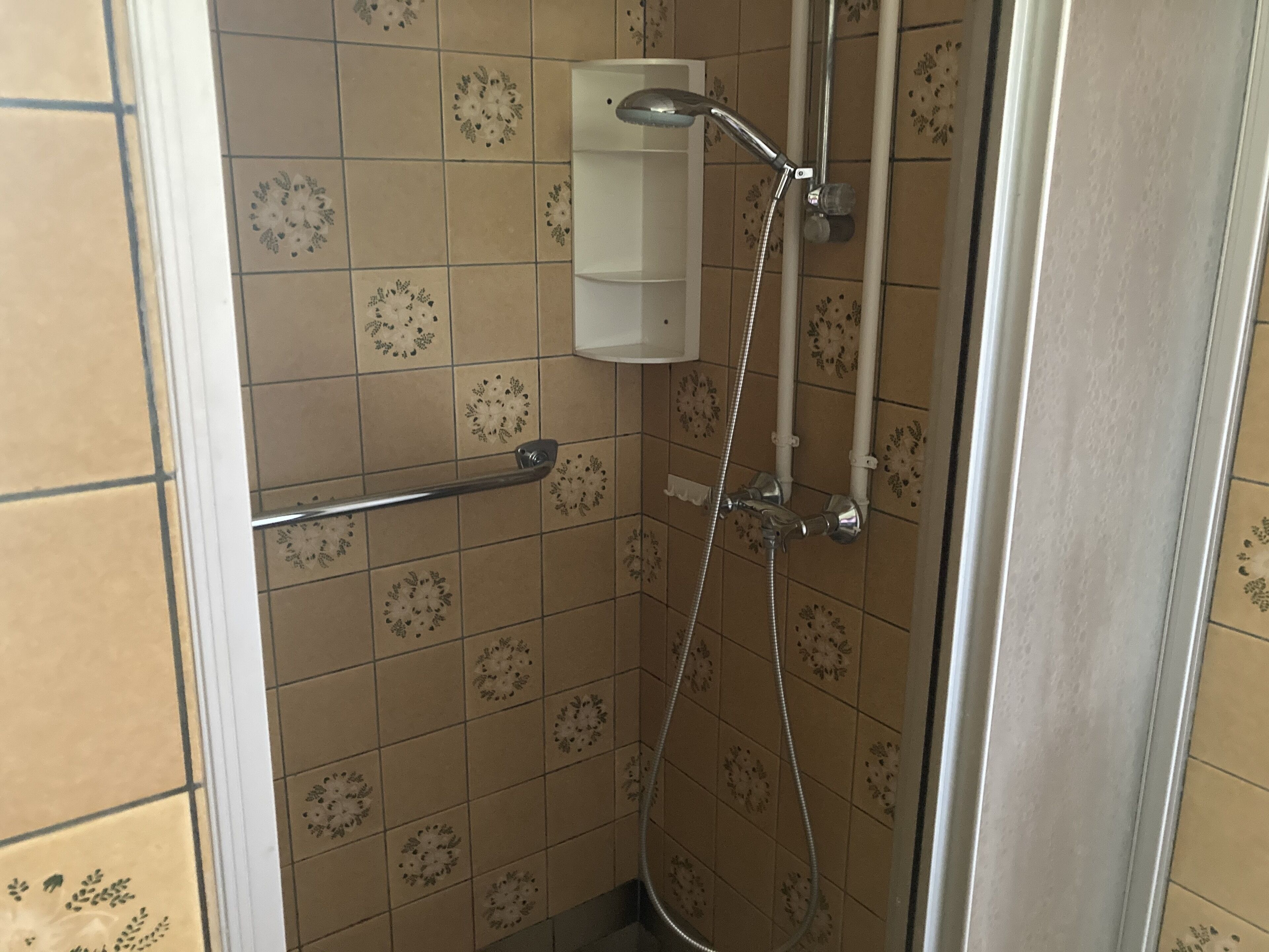 Ein Duschbereich mit Haltegriff, einer an der Wand montierten Bedienkonsole und einem Duschkopf.