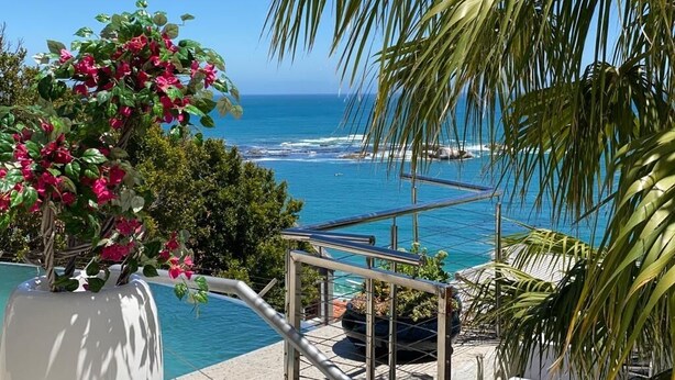 A poolside view with a clear view of the ocean and a palm tree. - Clifton YOLO Spaces – Clifton Mansion Villa (Cape Town)