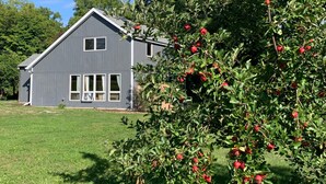 A two-story house with a grey exterior and white trim, surrounded by a well-maintained lawn and a tree with red fruits.