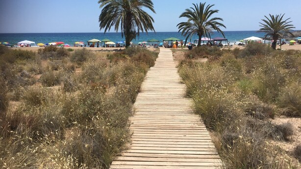 A wooden pathway leading to a beach with palm trees and beach umbrellas. - Immaculate 2-bed Villa With Pool in Mazarrón (Mazarrón)