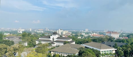 A cityscape with a mix of modern and traditional buildings, a clear sky, and a view of the surrounding urban area.