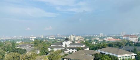 A cityscape with traditional and modern buildings, a large open area with trees, and a clear sky.