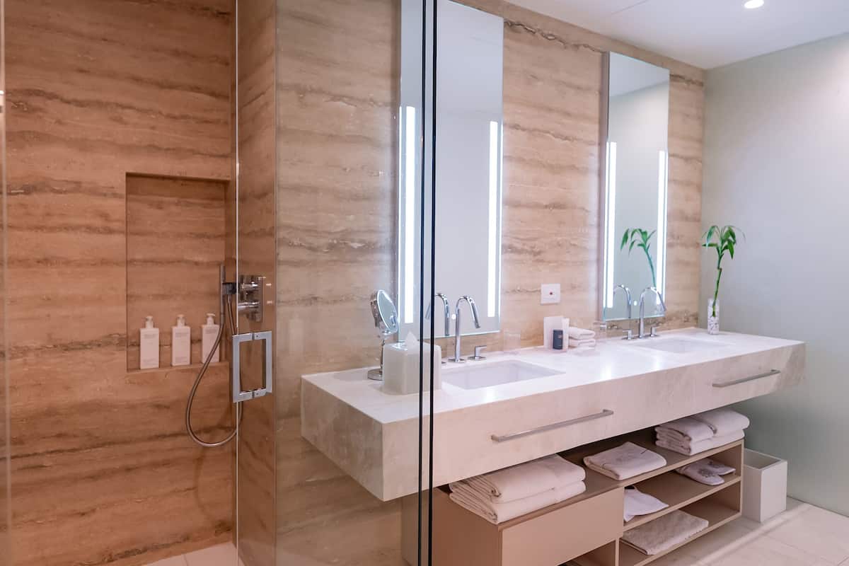 superior double room, 2 double beds | bathroom | designer toiletries, hair dryer, bathrobes, slippers