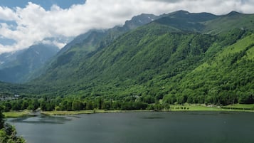 Eine Berglandschaft mit einem See, Bäumen und einer kleinen Siedlung.