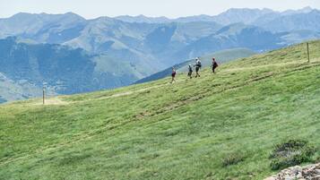 A grassy hillside with a group of people walking.