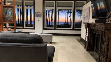 Smart TV, fireplace, DVD player, music library