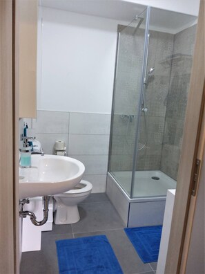 Douche, serviettes fournies, savon, papier toilette