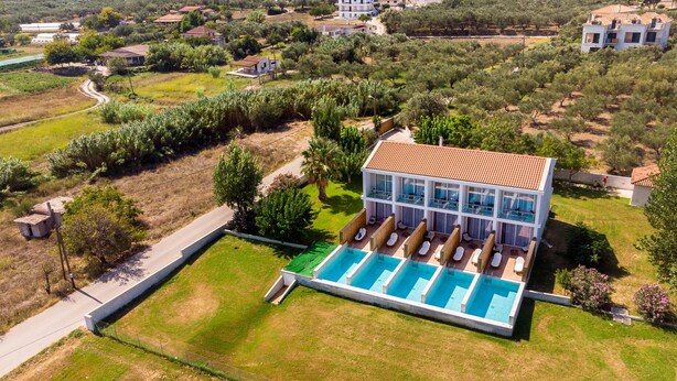 A modern villa with a large swimming pool, surrounded by lush greenery and olive trees. - Belussi Exclusive Suites - Adults Only (Zakynthos)