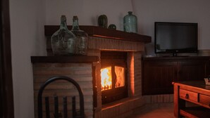 Una chimenea con fuego, un televisor sobre un mueble bajo y botellas decorativas en un estante.