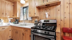 Une cuisine rustique dans une cabane en bois, équipée d’une cuisinière à gaz, d’un four et d’une fenêtre agrémentée d’un rideau à carreaux.