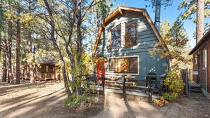 Un chalet rustique doté d’une terrasse en bois et d’une table de pique-nique, entouré de grands arbres.