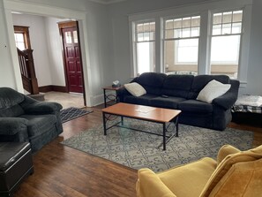 Smart TV, fireplace, books