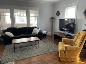 Smart TV, fireplace, books