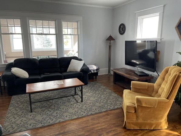 Smart TV, fireplace, books