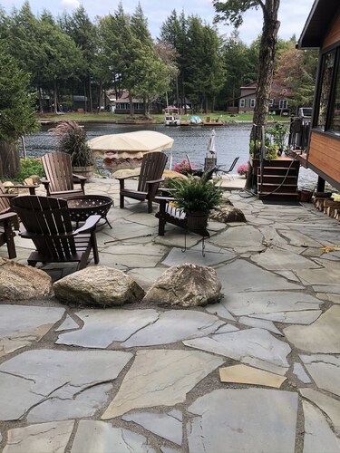 New waterfront house with deck,  dock, close to Old Forge, fireplace, , patio