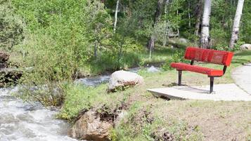 A red bench by a river in a forested area.