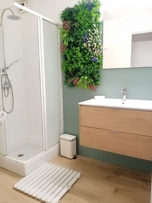 Douche, sèche-cheveux, savon, shampoing
