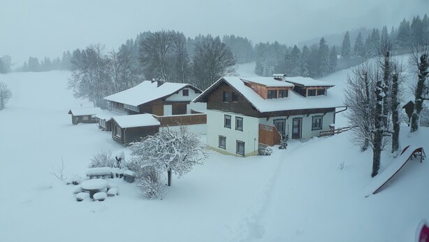 A snow-covered village with traditional wooden houses, a clear sky, and a forest in the background. - Ihr Ferienhof am Rande der Alpen, Nebenhaus (Seeg)