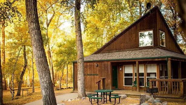 Uma cabana rústica com porta verde, janelas amplas e uma mesa de piquenique em uma área arborizada.