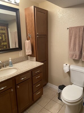 A bathroom with a sink, mirror, cabinet, and toilet.
