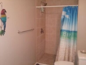 Shower, towels, soap, shampoo