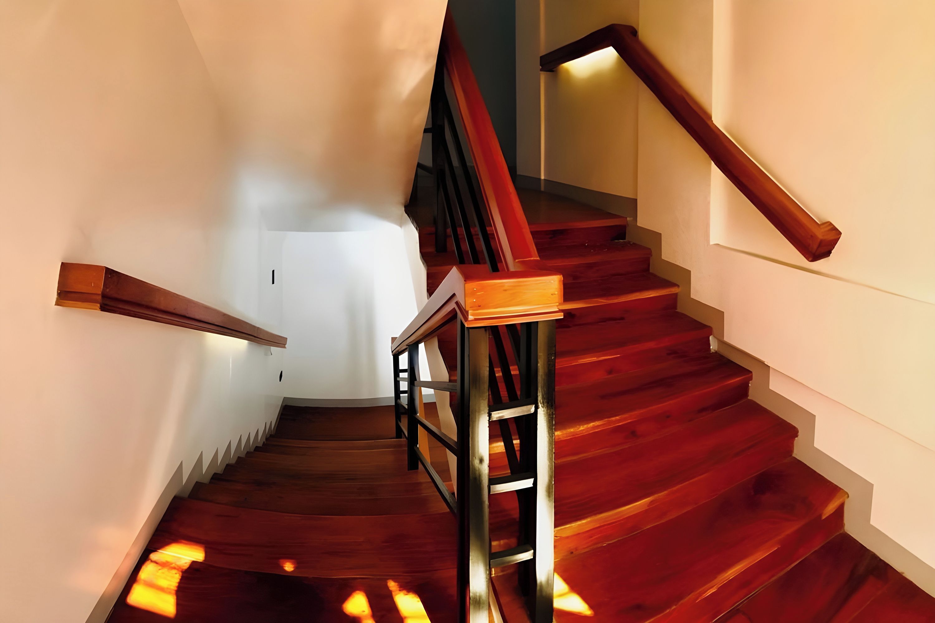 A wooden staircase with a handrail and a light fixture on the wall.