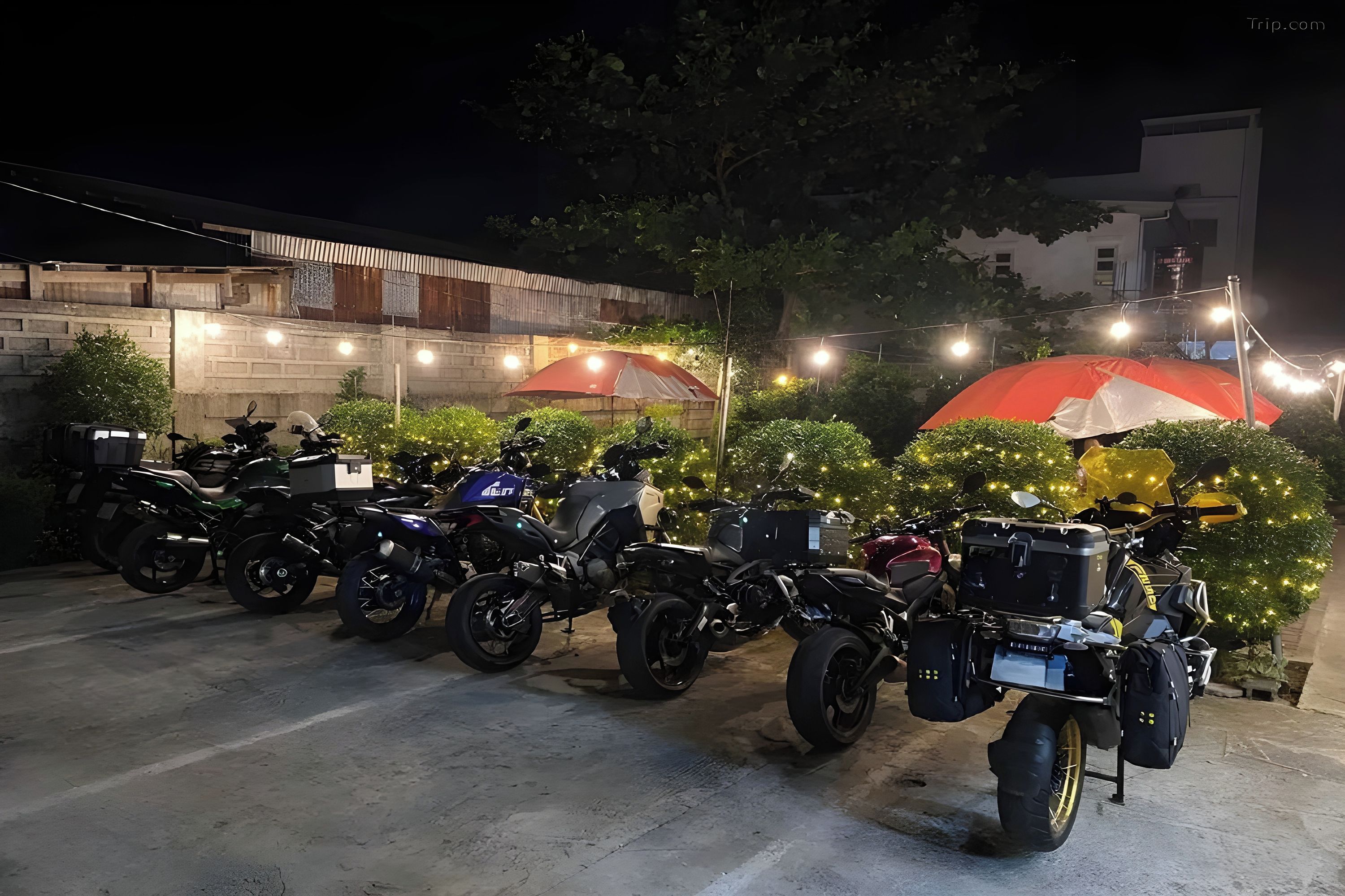 A row of motorcycles parked in a covered area with string lights and umbrellas.