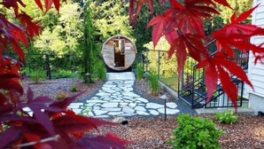 A wooden cabin with a stone pathway leading to the entrance, surrounded by a fence and greenery. - The Cullen's Clair de Lune, River-front Estate (Forks)