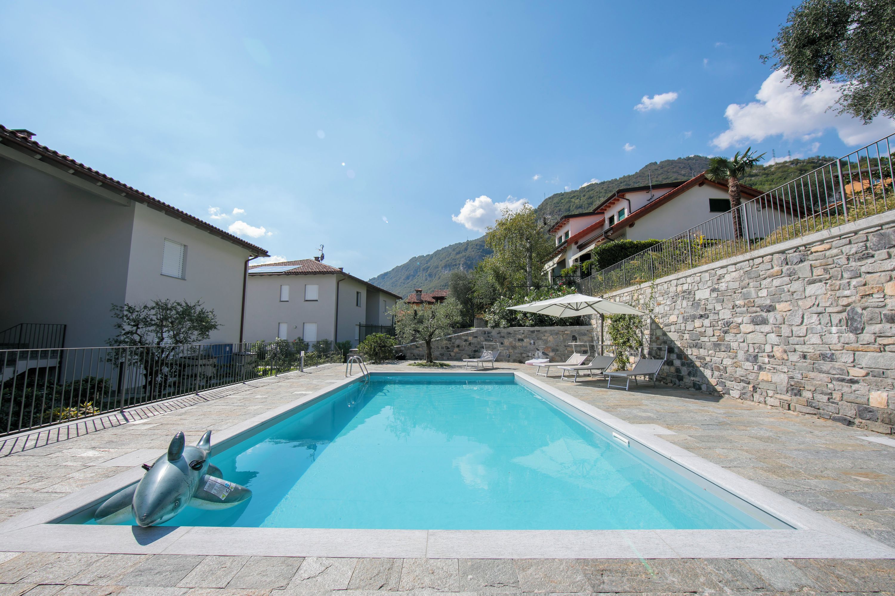 A rectangular swimming pool with a shark fin decoration, surrounded by stone walls and a stone staircase.