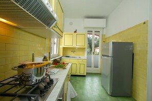 Appartamento, 2 camere da letto, balcone, vista lago | Cucina privata | Frigorifero, microonde, forno, piano cottura