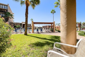 A courtyard with a pool, palm trees, and a covered seating area.