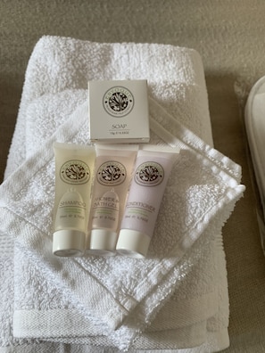 Haartrockner, Handtücher, Seife, Shampoo