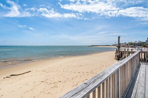 On the beach, sun loungers, beach towels