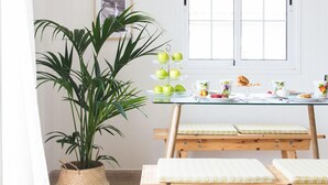 Een lichte kamer met een groot raam, een eettafel met stoelen, een hanglamp en een kamerplant.