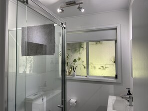 Une salle de bain moderne avec une douche à parois de verre, une fenêtre offrant une belle vue, un lavabo avec un distributeur de savon et des toilettes.