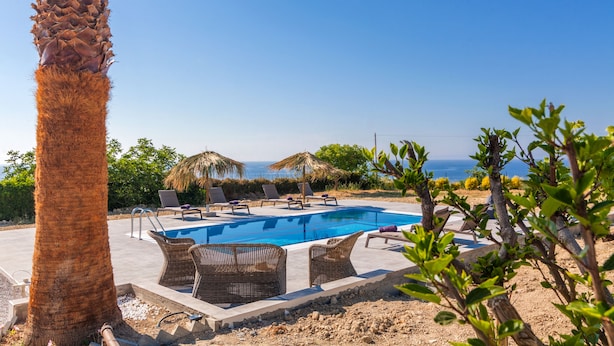 Ein Pool mit Liegestühlen, einer Palme und Blick aufs Meer.