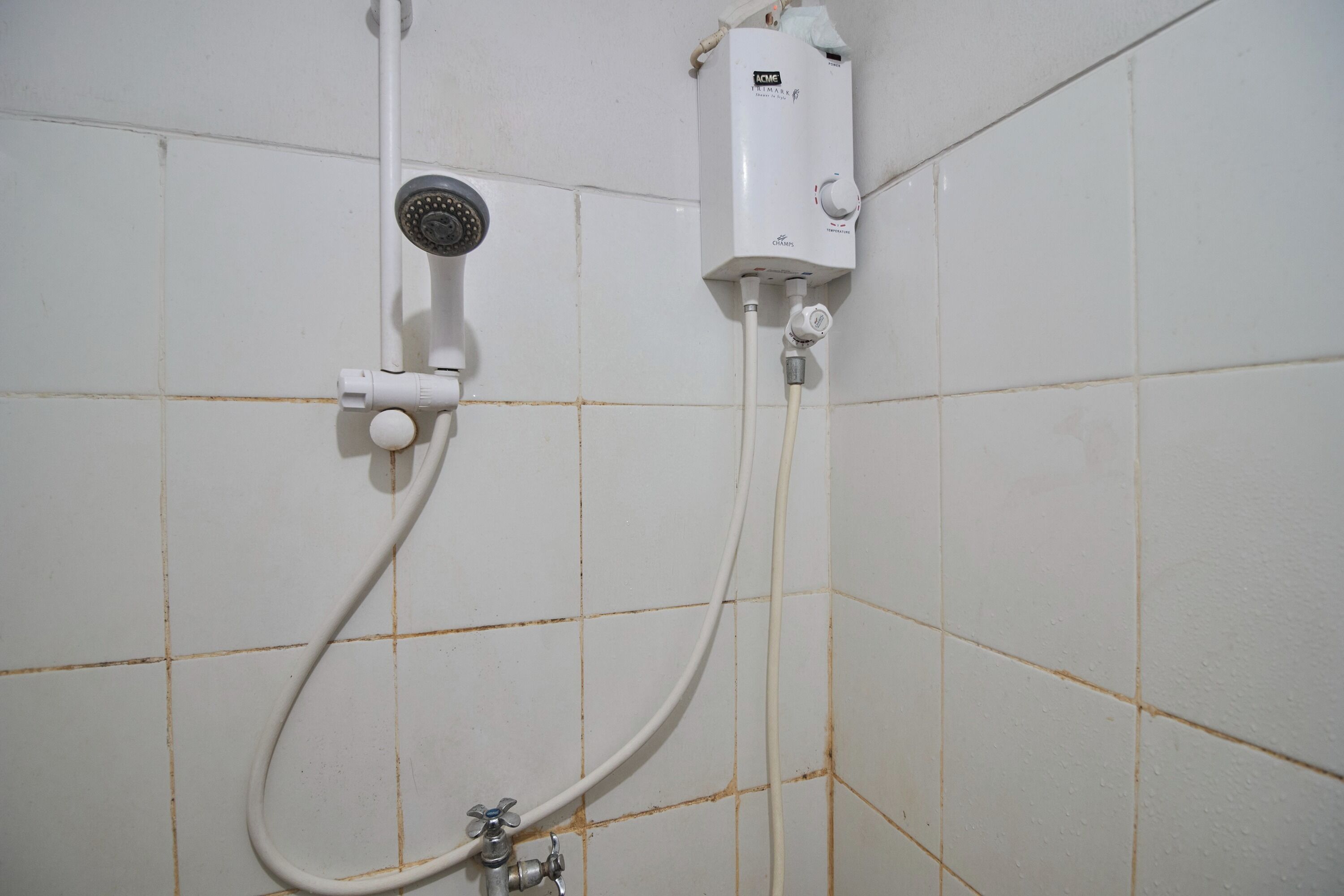 A shower with a handheld hose and a wall-mounted control box.