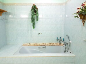 Un baño con bañera, ducha y una planta decorativa.