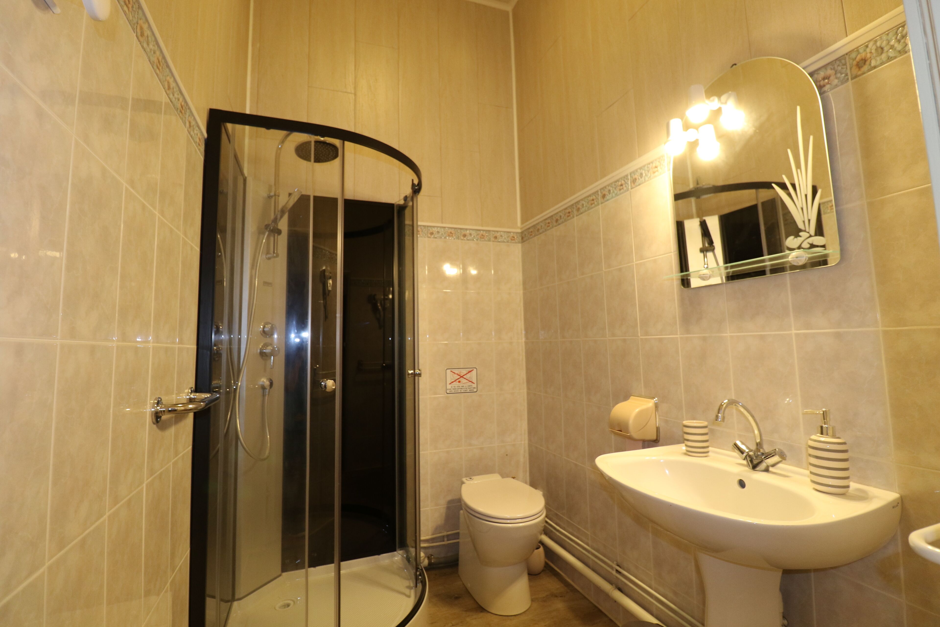 A bathroom with a glass shower enclosure, a toilet, and a sink with a mirror above it.