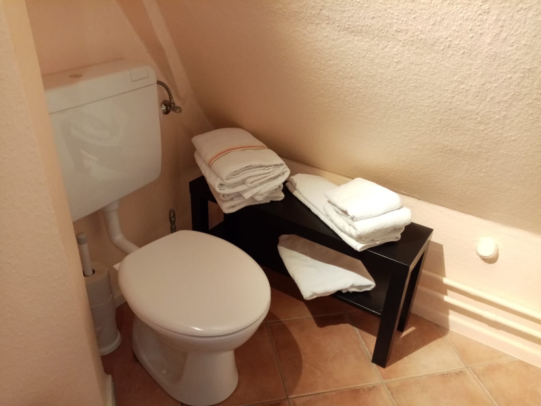 Une salle de bain avec des toilettes, une pile de serviettes pliées et une petite étagère.