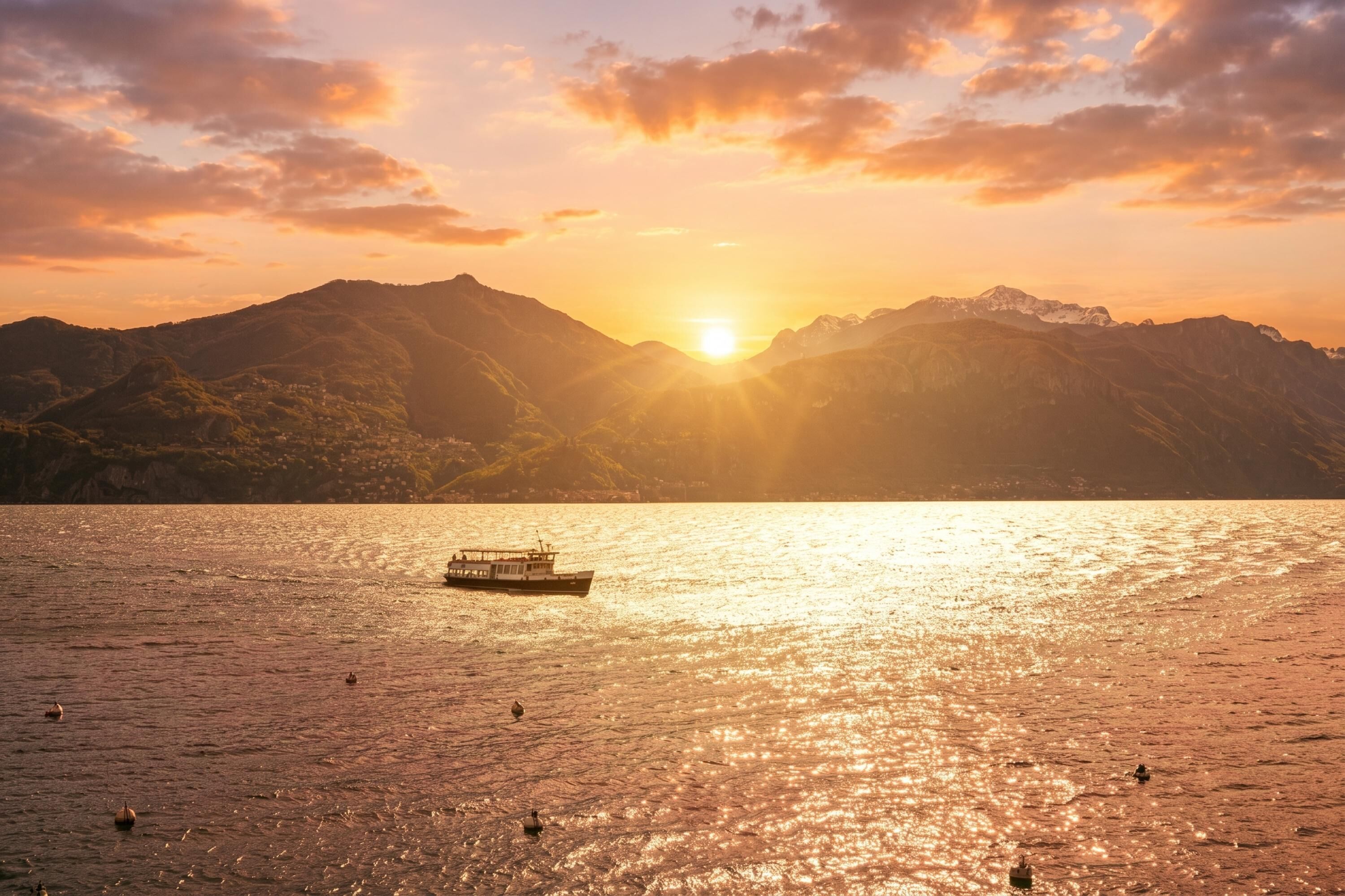 A boat on a calm body of water with mountains in the background and a sunset.