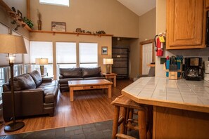 LED TV, fireplace, books