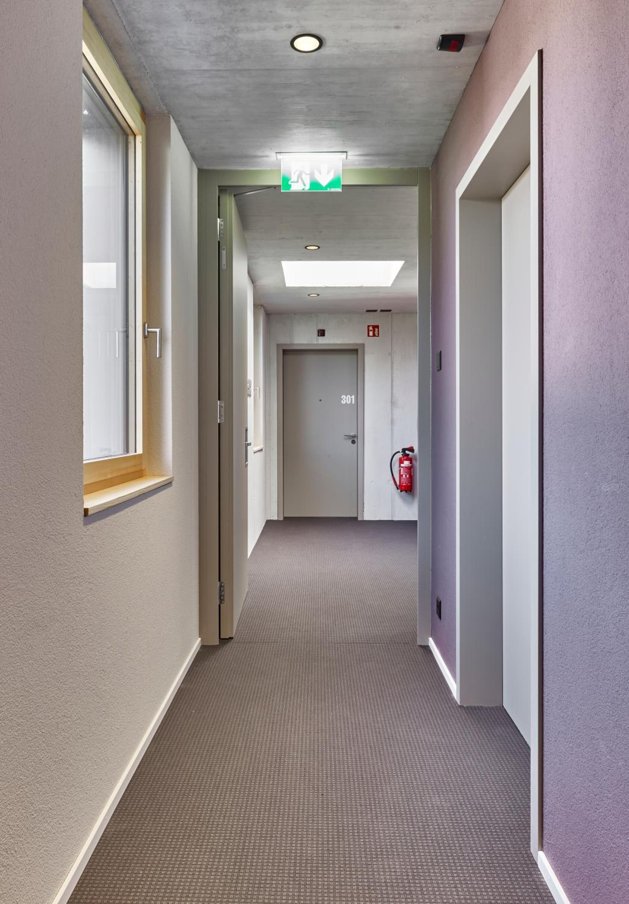 A hallway with carpeted floors, doors, and a fire extinguisher.