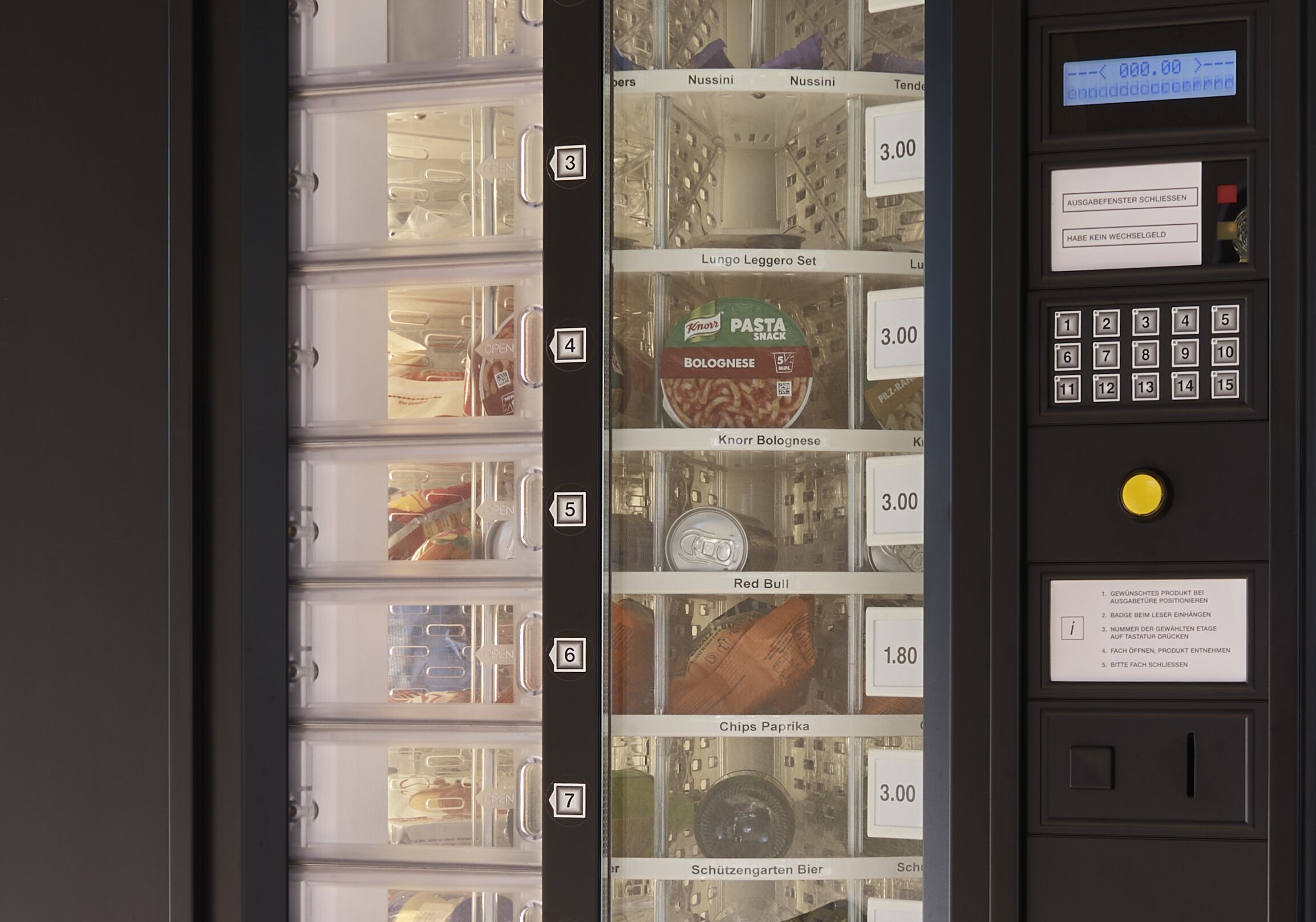 A vending machine with various food items and prices.