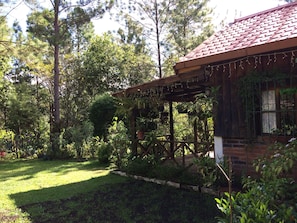 A rustic house with a brick exterior and a wooden pergola covered with string lights.